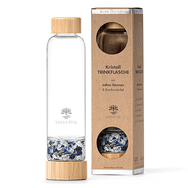 Glastrinkflasche mit Kristallsteinen – Lapislazuli, Bergkristall