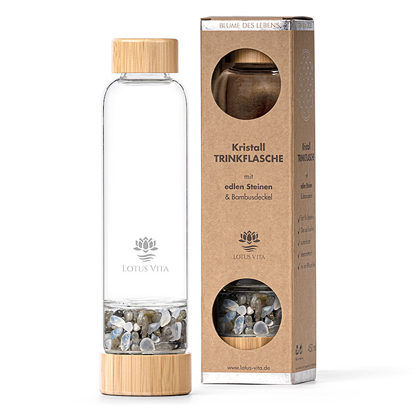 Glastrinkflasche mit Kristallsteinen – Labradorit, Mondstein