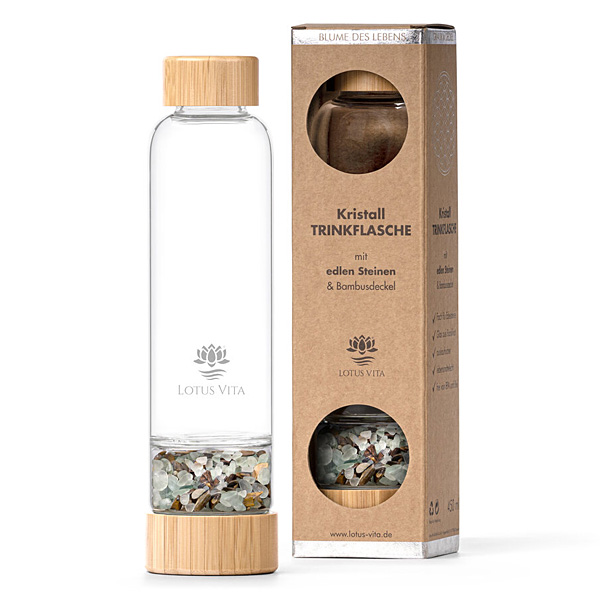 Glastrinkflasche mit Kristallsteinen – Fluorit, Tigerauge