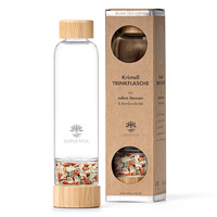 Glastrinkflasche mit Kristallsteinen – Fluorit, Goldfluss